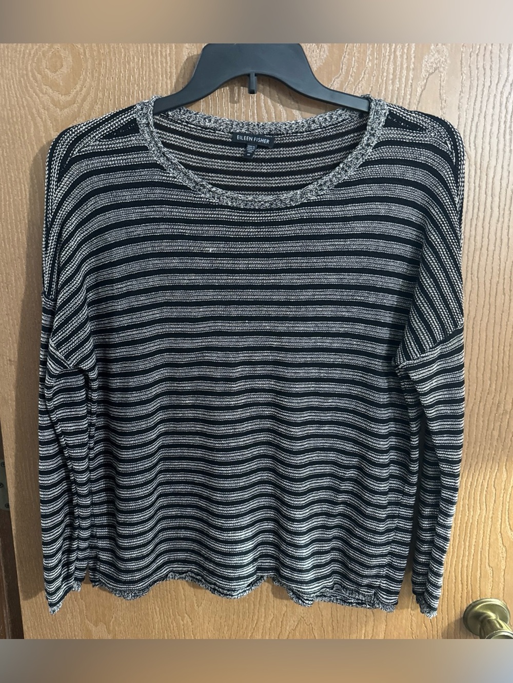 Eileen Fisher Sweater Wool Linen Striped Round Neck Long Sleeve Pullover Black M